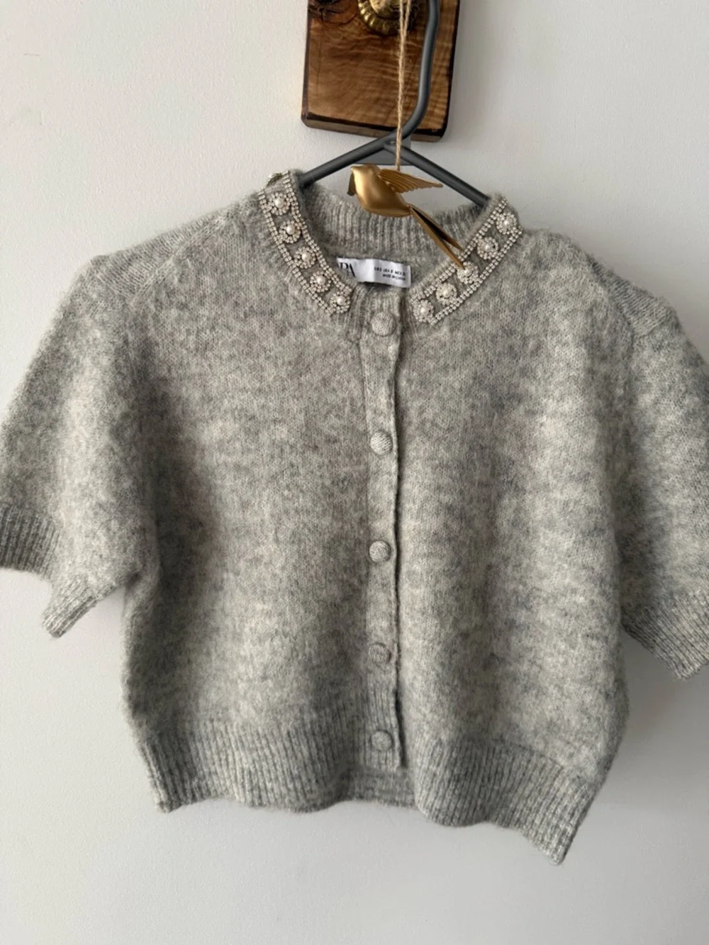 Zara Embellished Collar Short-Sleeve Mohair Blend Cardigan - Gray - Picture 2 of 6